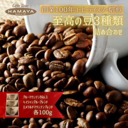 ハマヤコーヒーセット100BR　【 コーヒー粉 3種類 化粧箱入り ジャマイカ ストレート豆 ブルーマウンテン ヘイシャンブルーブレンド 香り 酸味 苦み エメラルドマウンテン 】