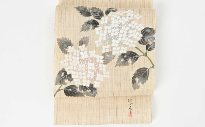 【ふるさと納税】名古屋帯　麻　紫陽花柄　お仕立て上がり　お単衣　絽　紗に　あじさい 和装 伝統技術 ファッション小物 篠原縫製　お届け：ご入金確認後、約2週間ほどで発送いたします。