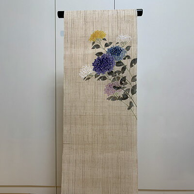 名古屋帯 麻 3種類の紫陽花柄 お仕立て上がり お単衣 絽 紗に 和装 ファッション小物 和服 和装小物 着物 訪問着 卒業式 入学式 誕生日会 周年記念 式典 紫陽花模様 お届け:ご入金確認後、約2週間ほどで発送いたします。