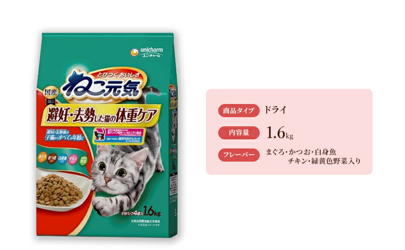 【ふるさと納税】ねこ元気 避妊・去勢した猫の体重ケア まぐろ・かつお・白身魚・チキン・緑黄色野菜入り 1.6kg×6袋　【ねこ ごはん キャットフード 餌 子猫から 魚 鶏 野菜 ミックス サクサク おいしい 栄養 健康 高たんぱく Lカルニチン 食事 ドライ】