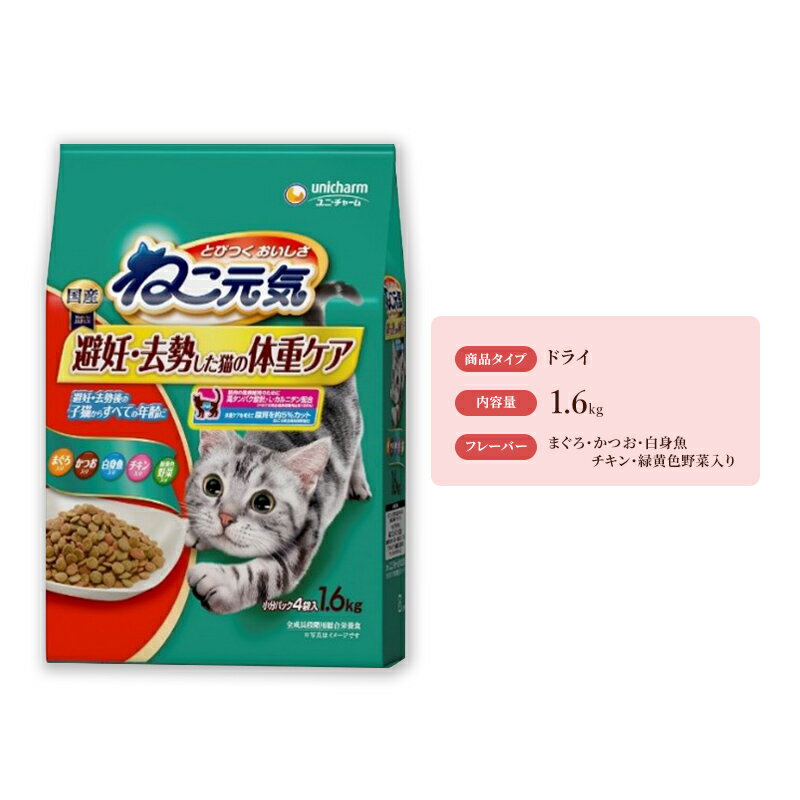 【ふるさと納税】ねこ元気 避妊・去勢した猫の体重ケア まぐろ・かつお・白身魚・チキン・緑黄色野菜入り 1.6kg×6袋　【ねこ ごはん キャットフード 餌 子猫から 魚 鶏 野菜 ミックス サクサク おいしい 栄養 健康 高たんぱく Lカルニチン 食事 ドライ】