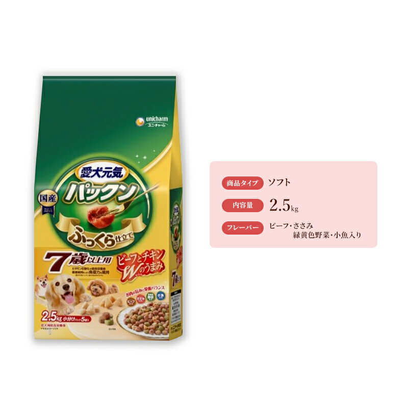 愛犬元気パックン 7歳以上用 ビーフ・ささみ・緑黄色野菜・小魚入り 2.5kg×4袋 [ いぬ わんちゃん ドッグフード 餌 7歳から お肉 牛 鶏 野菜 魚 チーズ うまみ ふっくら ソフト やわらか 食べやすい 美味しい 栄養 ビタミンE 免疫力 ]