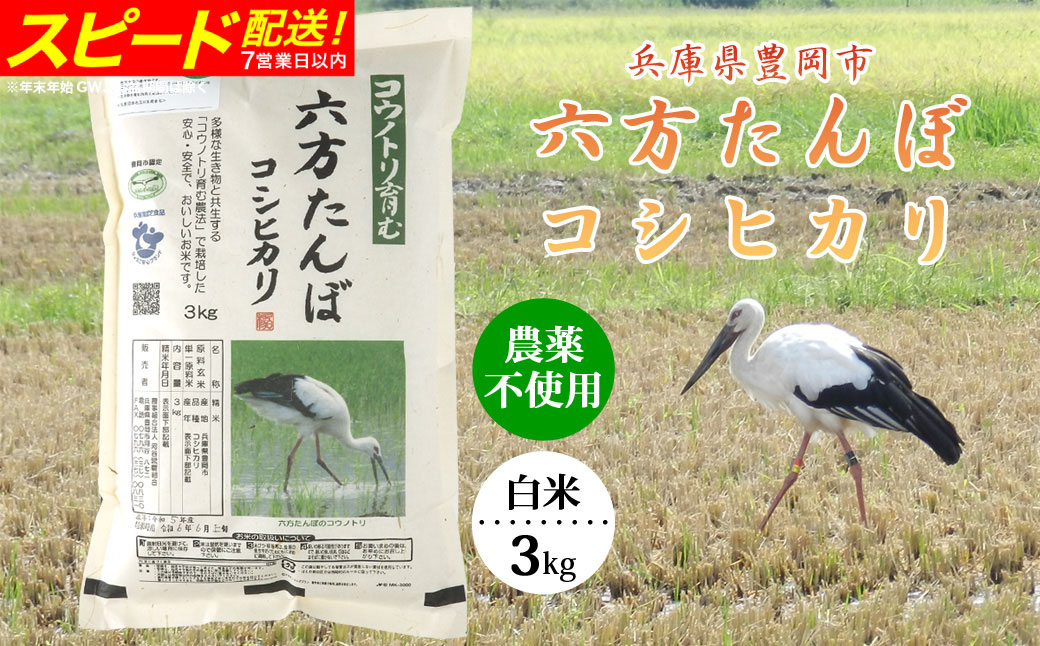 新米 六方たんぼ コシヒカリ 農薬不使用（白米：3kg）令和8年産 / 米 お米 精米 白米 コメ こめ ご飯 コシヒカリ コウノトリ育む農法