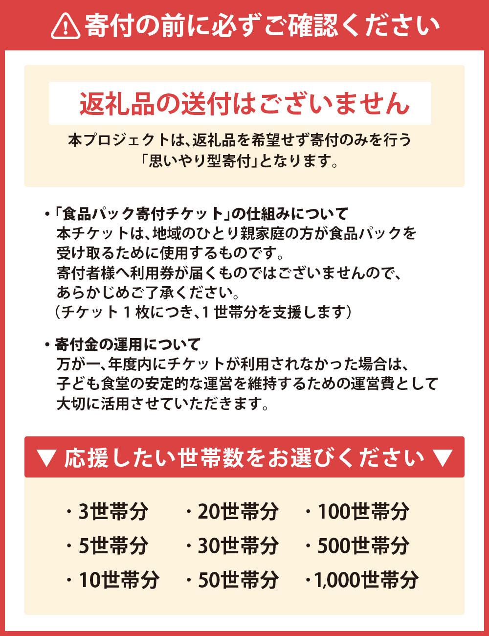 【ふるさと納税】＜選べる枚数＞【思いやり型返礼品】ひとり親家庭応援食品パック寄付チケット 3枚（3世帯分）～1000枚（1000世帯分） 返礼品なし 寄付のみ 寄附のみ 支援 応援 あこう子ども食堂 ごはん ご飯 こども 子供 兵庫県 赤穂市 f282120-ako-10000799 兵庫県赤穂市 サンプル画像3
