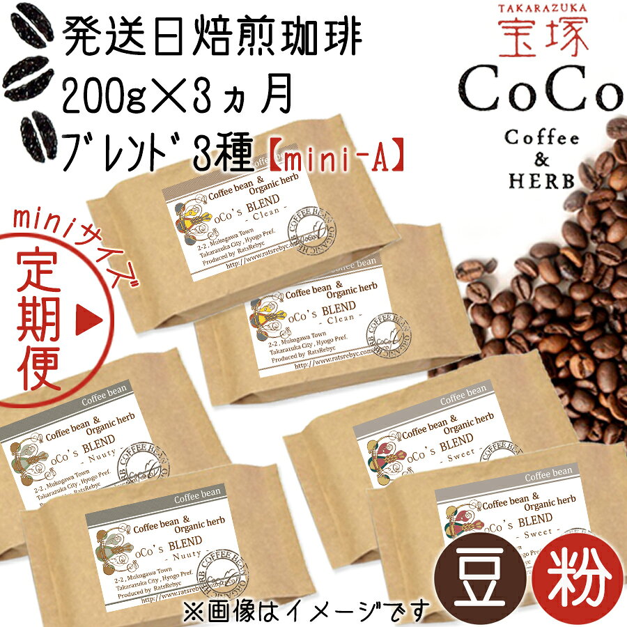 【宝塚】3ヶ月定期便miniA(発送日自家焙煎珈琲豆・CoCoブレンド3種 計600g)