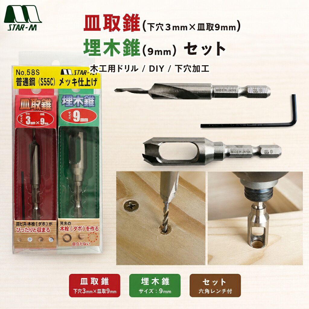 【北海道・沖縄・離島の発送対応不可】皿取錐(下穴3mm×皿取9mm)+埋木錐(9mm)セット 木工用ドリル 皿取錐 埋木錐 家具製作 建具 DIY 下穴加工 ダボ栓作成 皿取加工