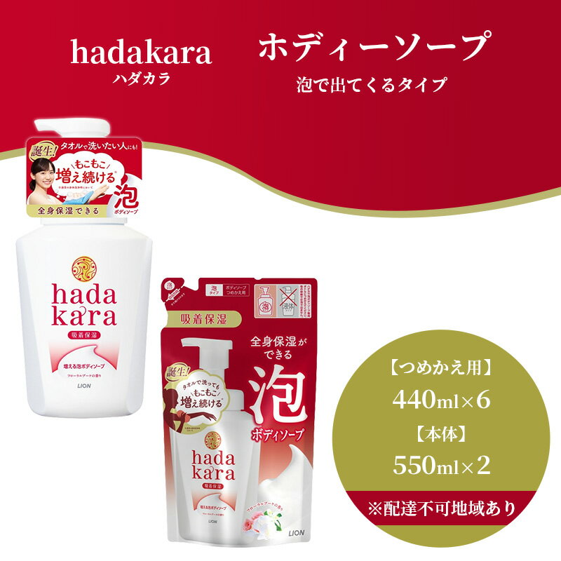 ボディケア人気ランク12位　口コミ数「6件」評価「3.67」「【ふるさと納税】hadakara ( ハダカラ ) オリジナルセット 泡タイプ《本体×2本、つめかえ用×6袋》[ ライオン LION ボディソープ ]　【石鹸 液体せっけん つめかえ用 本体 ボディーソープ ハダカラ 保湿成分 泡タイプ】」