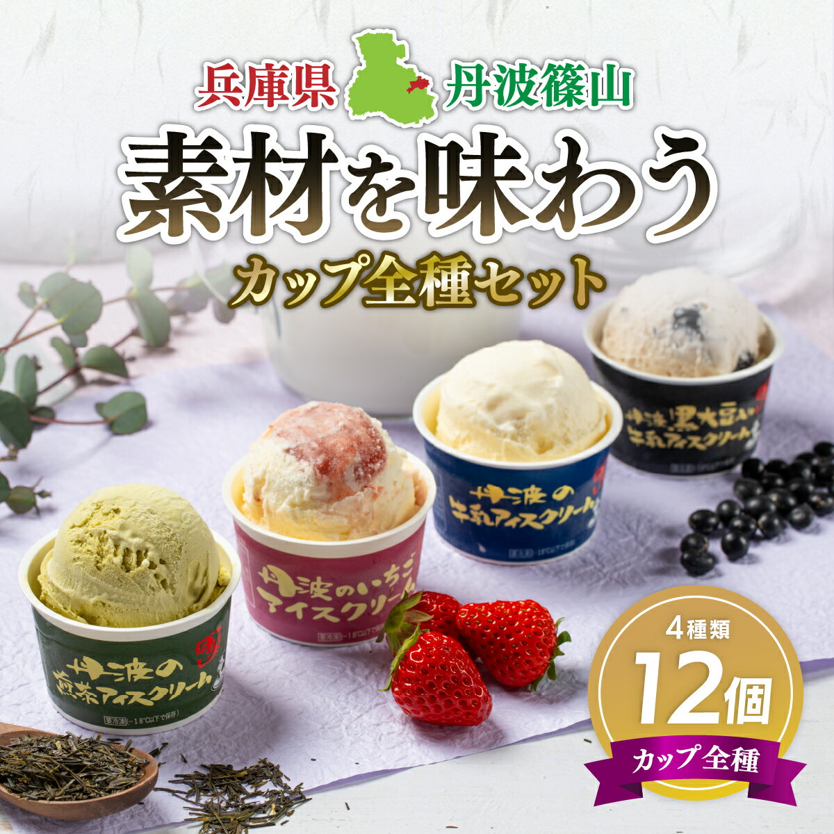 丹波篠山 素材を味わうアイスクリーム カップ全種セット 12個(4種類×3個) | 兵庫県 丹波篠山市 アイスクリーム 濃厚 滑らか コク ご当地 パーティ アレンジ