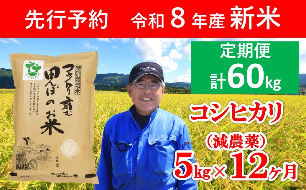 [先行予約] 令和8年産 新米 定期便 特別栽培米コシヒカリ 5kg×12か月 / 減農薬 特別栽培米 コシヒカリ コウノトリ お米 おこめ 米 こめ コメ ご飯 ごはん ライス 白米 安心 安全 高リピート 人気 村上ファーム 兵庫県 朝来市