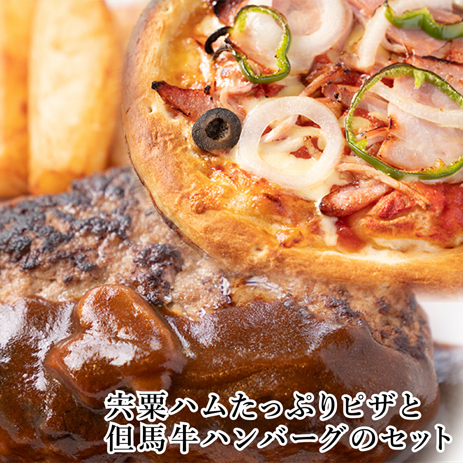 J23 宍粟ハムたっぷりピザと但馬牛ハンバーグのセット