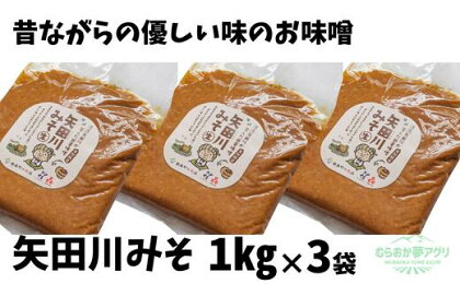 ＼伝統製法のまろやかな味わい／ 矢田川みそ 1kg×3 計3kg 無添加 味噌 みそ ミソ 国産 大豆 手作り 麹 熟成 お味噌 調味料 こうじ 味噌汁 みそ汁 長期熟成 矢田川味噌 麹みそ 袋入 カップ入 兵庫県 香美町 村岡 むらおか夢アグリ 41-07