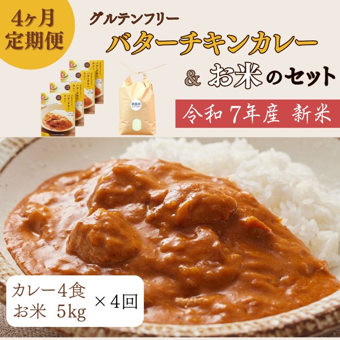定期便 令和7年産 新米:ヒノヒカリ白米5kg+バターチキンカレー4袋×4ヶ月 カレー カレーライス お米 米 グルテンフリー おおのファーム 奈良県 奈良市 なら 150-019