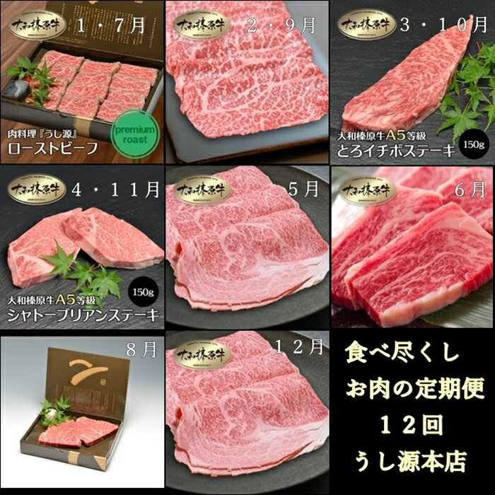 食べ尽くし 定期便 12ヶ月 大和 榛原牛 冷凍 月1 計 12回 ／ うし源 本店 シャトーブリアン ヒレ フィレ ヘレ イチボ ヒウチ モモ ロース ランプ カルビ 牛肉 お肉 ステーキ 宇陀市