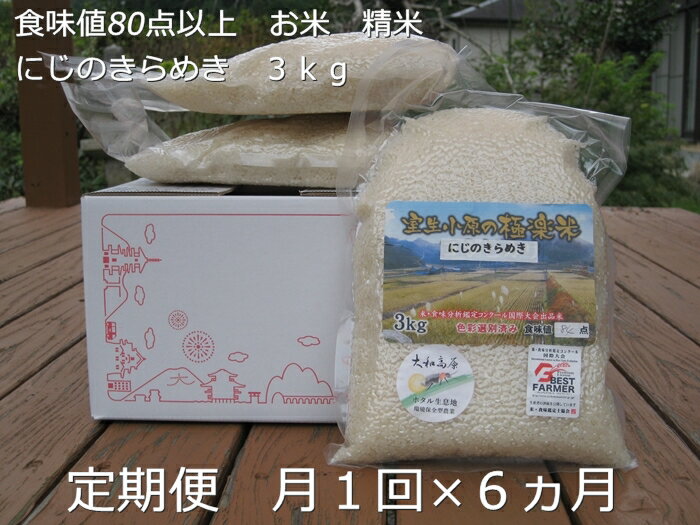 【ふるさと納税】《予約受付》★令和7年産★定期便6ヶ月 にじのきらめき 白米3kg 食味値 80点以上 月1回/民ちゃん農園 有機肥料 ハイグレード 極上 おいしい ミネラル 米 こめ お米 精米お取り寄せ 美味しい 送料無料 奈良県 宇陀市 ふるさと納税 白米 新米
