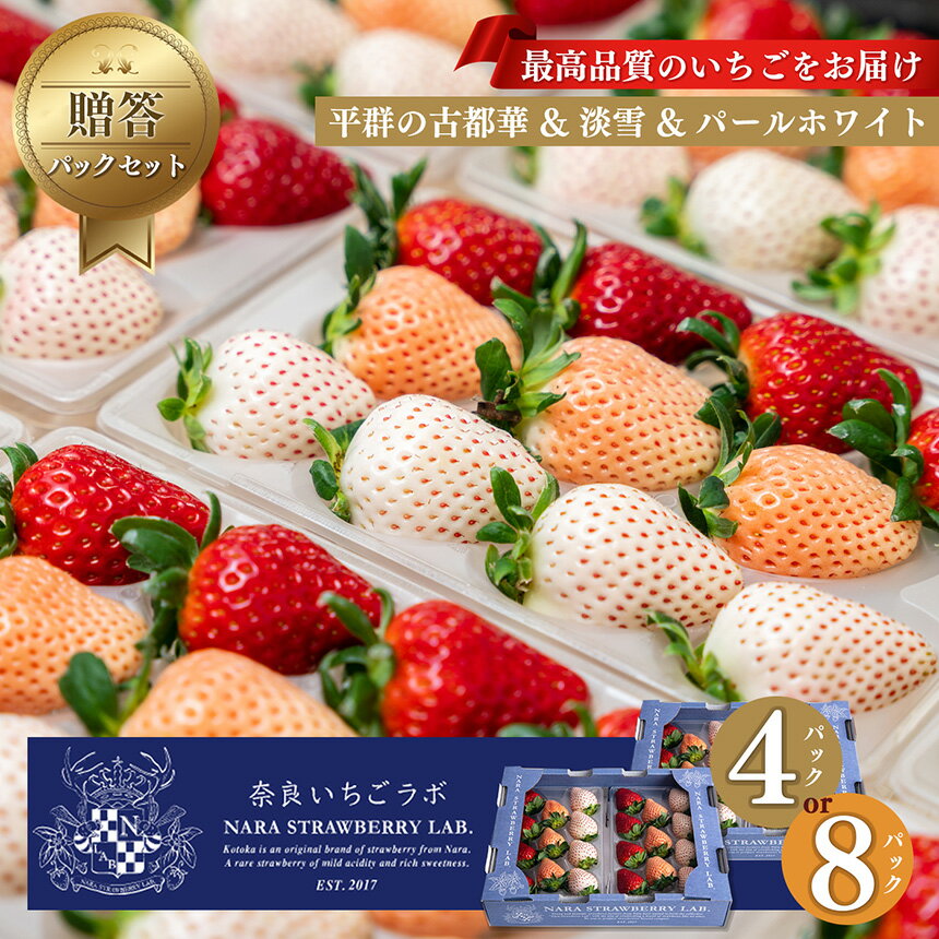 【ふるさと納税】贈答用 いちご 平群の 古都華 ＆ 淡雪 ＆ パールホワイト L ～ 2Lサイズ （2パック×2ケース）2025年1月発送 2月発送 3月発送 | フルーツ 果物 くだもの イチゴ 計4パック or（2パック×4ケース） 苺 旬の品種 セット ストロベリー 奈良県 平群町のサムネイル