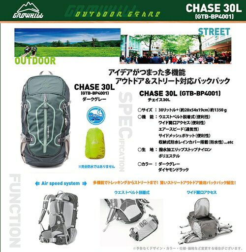 【ふるさと納税】リュックサック チェイス30L ダークグレー GROWHILL ／ ジェイクリエイト ハイキング トレッキング レインカバー 鞄 アウトドア ギフト 奈良県 田原本町