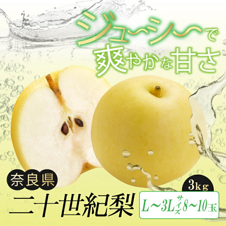 二十世紀梨 L 〜 3L サイズ 約3kg 8玉 〜 10玉 商品説明 名称 二十世紀梨 L 〜 3L サイズ 約3kg 8玉 〜 10玉 内容量 二十世紀梨 L 〜 3L サイズ 約3kg 8玉 〜 10玉 賞味期限 なまものですのでお早めにお召し上がりください。 生産地 奈良県 配送形態 常温 注意事項 【発送に関してのお知らせ】 ※配送業者はヤマト運輸となりますので、配送連絡をご希望の方は、クロネコメンバーズの加入をお勧めいたします。 ※9月上旬〜順次発送を予定しております。 （発送期間：9月上旬〜9月下旬頃までを予定しております） ※青果物のため、天候等の影響により発送時期が前後する場合がございますことご了承くださいませ。 ※離島などの、配送にお日にちがかかったり、クール便の取り扱いのない地域の方からのお申込みは受付不可とさせていただきます。あらかじめご了承ください。 ≪配送不可地域≫北海道・沖縄県を含むすべての離島 提供元 真田園 ・ふるさと納税よくある質問はこちら ・寄附申込みのキャンセル、返礼品の変更・返品はできません。あらかじめご了承ください。※9月上旬〜順次発送を予定しております。 （発送期間：9月上旬〜9月下旬頃までを予定しております） ※青果物のため、天候等の影響により発送時期が前後する場合がございますことご了承くださいませ。 二十世紀梨 L 〜 3L サイズ 約3kg 8玉 〜 10玉 奈良県にある吉野大阿太高原は、果樹栽培に適した土地柄です。 そんな環境で大切に育てられた特産の二十世紀梨は、 シャリシャリとした食感に加え甘みの中にさわやかな酸味も感じられる果汁がたっぷり！ バランスの良さに大変喜ばれております。 ※必ずお読みください ※【発送に関してのお知らせ】 ※9月上旬〜順次発送を予定しております。 （発送期間：9月上旬〜9月下旬頃までを予定しております） ※青果物のため、天候等の影響により発送時期が前後する場合がございますことご了承くださいませ。 ※離島などの、配送にお日にちがかかったり、クール便の取り扱いのない地域の方からのお申込みは受付不可とさせていただきます。あらかじめご了承ください。 ≪配送不可地域≫北海道・沖縄県を含むすべての離島 【重要なお願い】 ※配送業者はヤマト運輸となりますので、配送連絡をご希望の方は、クロネコメンバーズの加入をお勧めいたします。 「ふるさと納税」寄付金は、下記の事業を推進する資金として活用してまいります。 寄付を希望される皆さまの想いでお選びください。 (1) 町長におまかせ (2) 子ども支援事業 (3) まちづくり支援事業 (4) 文化振興・スポーツ支援事業 ■受領証明書 入金確認後、注文内容確認画面の【注文者情報】に記載の住所に30日以内に発送いたします。 ■ワンストップ特例申請書 ワンストップ特例申請の適用を希望される方は、「ワンストップ特例申請書」「受領証明書」 2点を同封して発送いたします。 ※【注文者情報】のご住所に、郵送でお届けします。（返礼品とは別でのお届けとなります。） ●大淀町 他のおすすめ返礼品3選 ● Heguri Rose プロが愛用する 炭 「 さくら炭 」 10kg¥10,000 LaQボールジョイントテクニック青龍セット合計17モデルラキュー知育玩具おもちゃブロック玩具¥50,000 大淀 ジェラート 6個入 大淀の地から旨味を込めて!自然の恵みいっぱい 煎茶 番茶 梨 ¥10,000