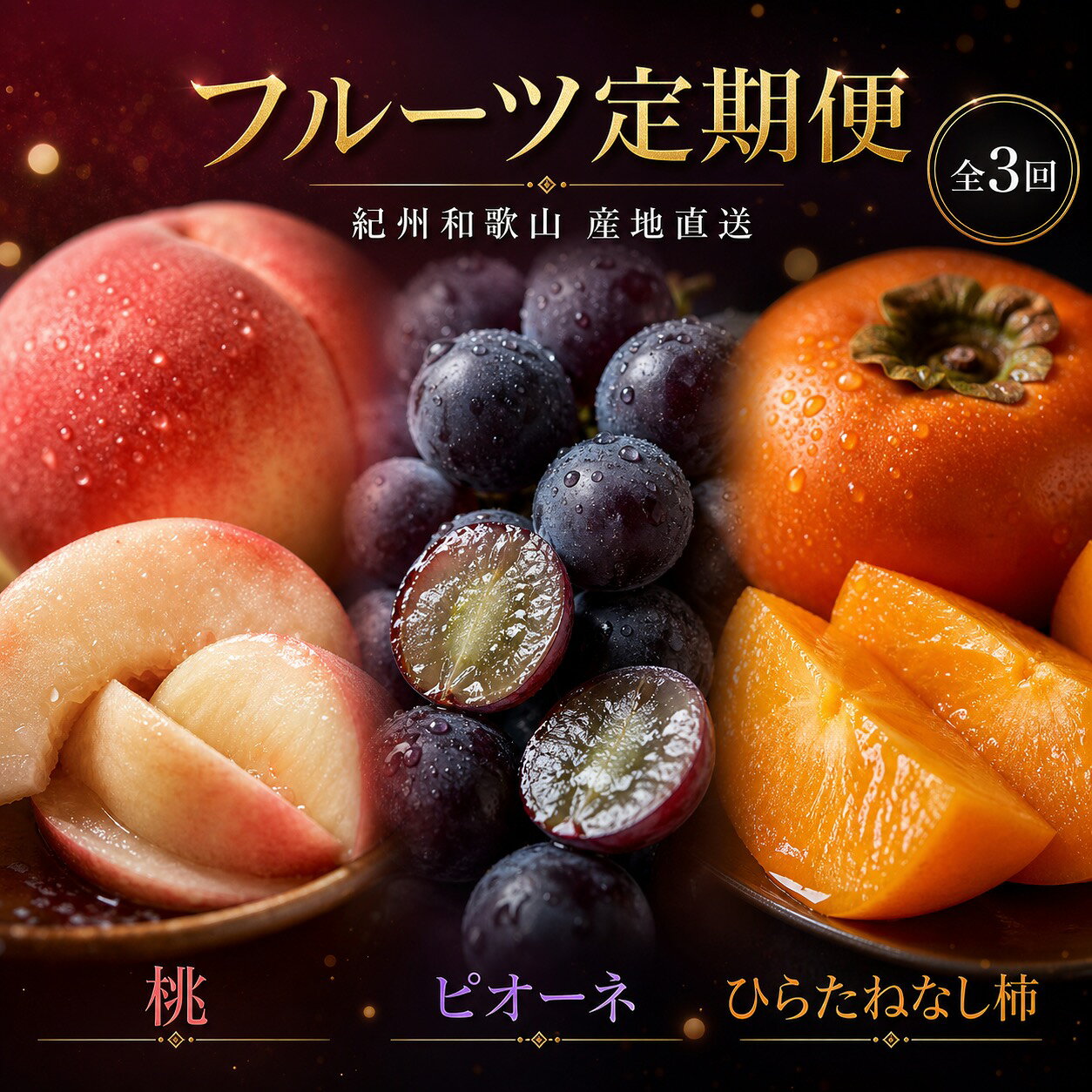商品詳細 商品名： 【全3回】紀州和歌山産旬のフルーツ定期便 (桃・ピオーネ・ひらたねなし柿) 商品： フルーツ王国和歌山より旬のフルーツをお届けします！ ■お礼品について 【7月】紀州和歌山産の桃　約1.8kg とろける舌触り、お口に運ぶと、甘くてジューシーな果汁がお口の中いっぱいに広がります。 豊かな水、有機質に富んだ土壌、黒潮が生み出す温暖な気候が生み出した愛情いっぱいに育てられた桃をご堪能下さい。 【9月】紀州和歌山産ピオーネ　約2kg ピオーネはイタリア語で開拓者(パイオニア)という意味で、黒葡萄の一種です。巨峰とカノンホールマスカットを交配し、生まれました。夏から初秋に収穫を迎えるピオーネは甘みたっぷりでほどよい酸味があり、すっきりとした味が特徴の人気品種です。とても大粒で種もなく紫色のぷりっぷりの甘みと酸味のバランスがとれた果実は、食べると口の中に甘味が一気に広がります。房ごとサッと水洗いし、そのまま、一粒一口で皮のままお召し上がりになるのが美味しい食べ方です。 ※輸送中にぶどうの粒の脱粒や果汁漏れが起こる可能性がございますがご了承ください。 【10月】和歌山秋の味覚　平核無柿(ひらたねなしがき)　約2kg 甘みが強く、果汁も豊富で、果肉が硬くなくそれでいて柔らかすぎず程よい食感、柿本来の甘みが存分に味わえる人気の高い品種です。 和歌山の気候によって生み出された柿は、いくつ食べても飽きのこないお味。何個でも食べられるような癖になる甘さが口の中いっぱいに広がります。日が経つごとに少しずつ柔らかくなり、甘みが増していく柿を楽しむことが出来る逸品となっております。 秋の味覚、しっかりと甘みの乗った高糖度の果実 を産地にて渋抜き加工し、仕上げています。 ※本来は、種なし品種となっておりますが、わずかに種が入る場合があります。 賞味期限： ・桃　出荷日+4日 ・ピオーネ　出荷日+4日 （到着後は冷蔵庫にて保管ください） ・平核無柿　出荷日+6日 ※いずれも生鮮品の為お早めにお召し上がり下さい ※新鮮なうちにできるだけお早めにお召し上がりください。 ※天候や収穫状況により、お届けや規格が変更になる場合がございます。 ※事前にお申し出がなく、長期不在等によりお礼の品をお受取りできなかった場合、再発送はできません。 ※商品が到着致しましたらすぐに開封後、できるだけ涼しいところで保管頂きお早めにお召し上がりください。 ※出荷の際検品後発送しておりますが、万一商品に問題がございましたら破棄やお召し上がりになる前にご連絡ください。 ※到着予定日から、3日以上経過したものや、破棄されたものにつきましては、ご対応することが出来ませんのであらかじめご了承ください。 配送： 返礼品は、お申込み（ご入金確認後）いただいた翌々月以降から発送開始となります。 （例） 6/20に申込の場合・・・初回9月発送開始となります。 1回目(初回):9月、2回目:10月、3回目(最終):翌年7月 合計3回、該当月に返礼品を発送致します。 ※注意事項： ・配送先住所が変更になる場合には、事前にご連絡ください。 ・災害や異常気象などやむを得ない場合は、返礼品が変更となる場合があります。 ・画像はイメージです。 ・サイズのご指定はできません。 ・納期のご指定はできません。 ・出荷の際検品後発送しておりますが、万一商品に問題がございましたら破棄やお召し上がりになる前にご連絡ください。 　到着予定日から、3日以上経過したものや、破棄されたものにつきましては、ご対応することが出来ませんのであらかじめご了承ください。 ・事前にお申し出がなく、長期不在等によりお礼の品をお受取りできなかった場合、再発送はできません。あらかじめご了承くださいませ。 ・ふるさと納税よくある質問は こちら ・寄附申込みのキャンセル、返礼品の変更・返品はできません。あらかじめご了承ください。【7月】紀州和歌山産の桃　約1.8kg 詳細はこちら 【9月】紀州和歌山産ピオーネ　約2kg 詳細はこちら 【10月】和歌山秋の味覚　平核無柿(ひらたねなしがき)　約2kg 詳細はこちら 【注文内容確認画面の「注文者情報」を寄附者の住民票情報とみなします】 ・必ず氏名・住所が住民票情報と一致するかご確認ください。 ・受領書は住民票の住所に送られます。 ・返礼品を住民票と異なる住所に送付したい場合、注文内容確認画面の「送付先」に返礼品の送付先をご入力ください。 ※「注文者情報」は楽天会員登録情報が表示されますが、正確に反映されているかご自身でご確認ください。