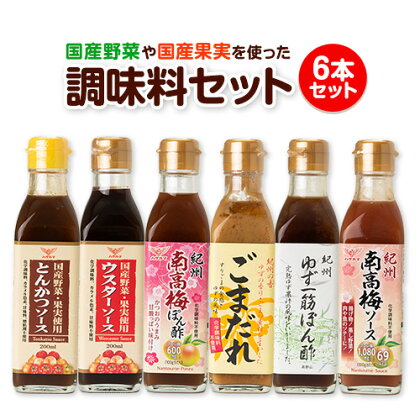 和歌山県紀の川市 ハグルマ 国産野菜や国産果実を使った調味料セット（6本詰）《90日以内に出荷予定(土日祝除く)》 ウスターソース とんかつソース ごまだれ 南高梅ぽん酢 ゆず一筋ぽん酢 南高梅ソース