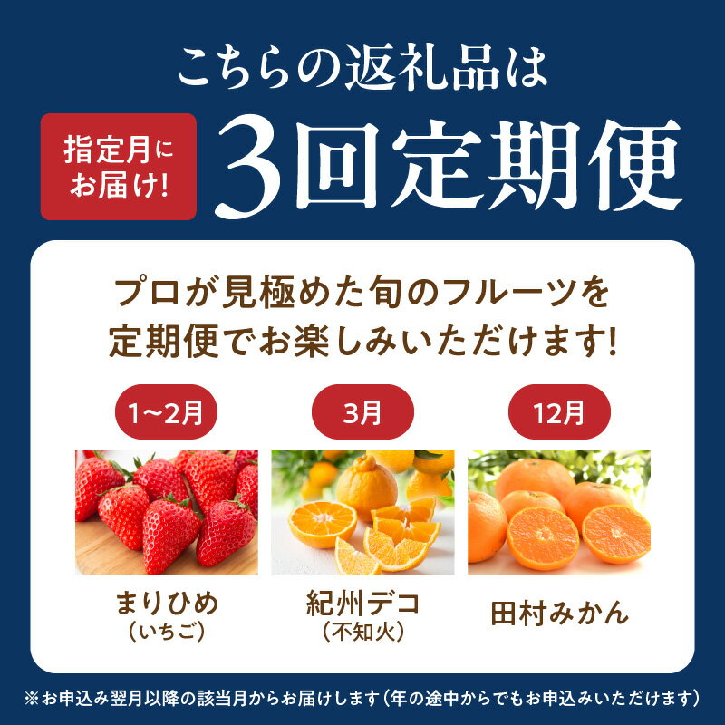 和歌山県湯浅町の【ふるさと納税】【限定】 定期便 全3回 和歌山産 旬 フルーツ 田村みかん いちご 紀州デコ まりひめ オリジナル 品種 濃厚 完熟 不知火 柑橘 高級 ブランド 果物 果実 デザート 国産 お取り寄せ 和歌山県 湯浅町 送料無料｜アングル2