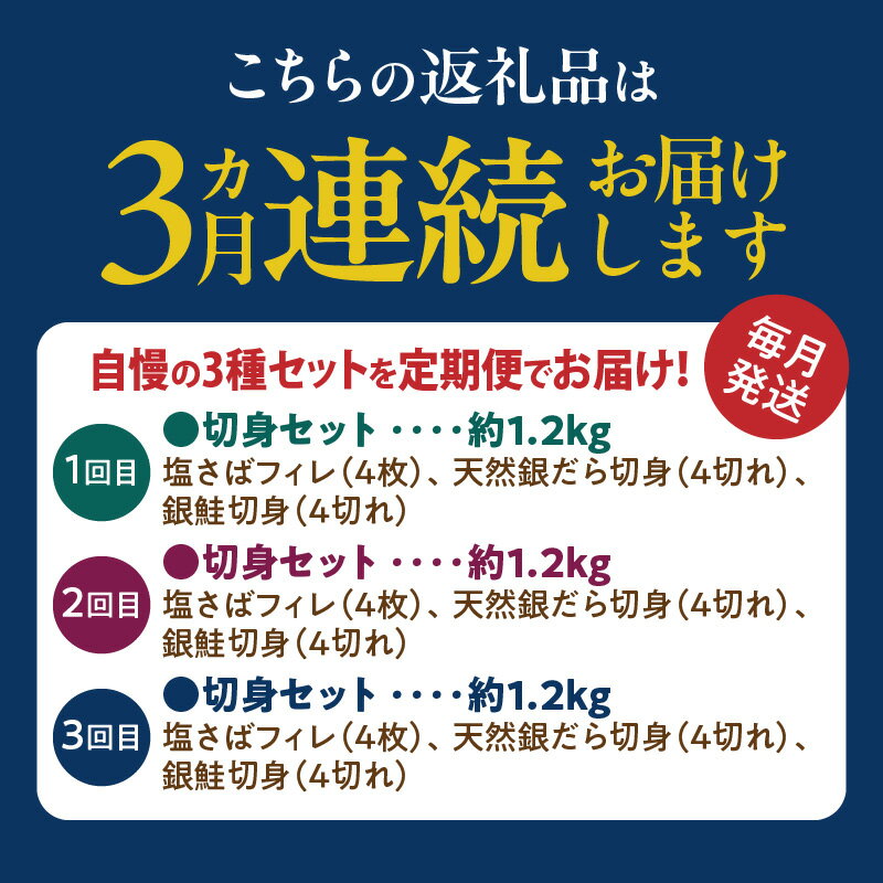 【ふるさと納税】【限定】 定期便 塩さば フィレ 銀鮭 銀だら 切身 セット 約 1.2kg × 3回 出汁 脂のり やわらか 白身魚 高級魚 お弁当 おにぎり お茶漬け チャーハン 炊き込みご飯 ホイル焼き ムニエル フライ 焼き物 煮魚 お取り寄せグルメ 和歌山県 湯浅町 送料無料