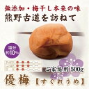 今までの無添加梅干の限界(塩分15%)を超えた、塩分10%無添加梅干が完成致しました。 今までの梅干とは違い、添加物を一切つかわず、本来の梅干の風味を生かしながら低塩で食べ易く、健康増進に効果のある商品です。 1箱に約18個～30個入っています。 ※こちらの返礼品はご家庭用になっています。品質には問題ありません。 ご飯が進むこと間違いありません。 ※北海道・沖縄・離島への配送不可 こちらは印南町との共通返礼品になります。 平成31年総務省告示第179号第5条第8号イ「市区町村が近隣の他の市区町村と共同で前各号いずれかに該当するものを共通の返礼品等とするもの」に該当する返礼品として、和歌山県内で合意した市町村間で出品しているものです。 名称 梅 原材料名 梅、漬け原材料(塩、梅酢、焼酎) 内容量 500g　約18個～30個　家庭用 賞味期限 製造日より6ヶ月 保存方法 直射日光を避け常温で保存してください。 ※開封後は冷蔵庫にて保管されることをオススメします。 製造者 いなみの里梅園 提供元 前商店 ・ふるさと納税よくある質問はこちら ・寄付申込みのキャンセル、返礼品の変更・返品はできません。あらかじめご了承ください。紀州南高梅　優梅　500g　ご家庭用