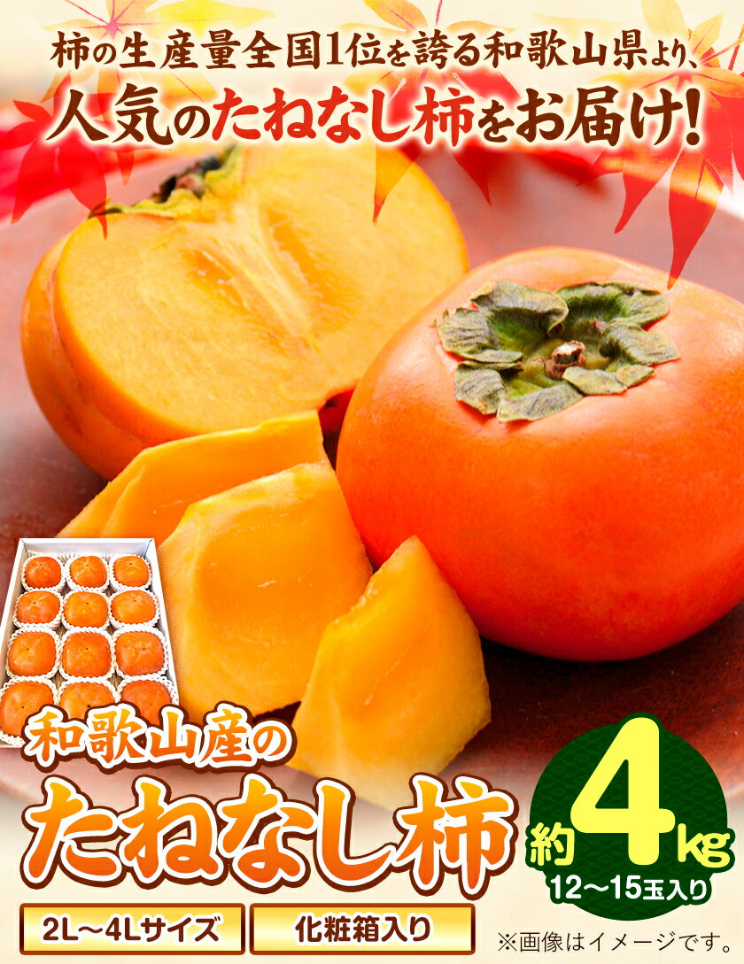 【ふるさと納税】◆2026年先行予約◆【秋の味覚】和歌山産のたねなし柿2L〜4Lサイズ約4kg（化粧箱入り）《2026年10月上旬-11月上旬頃出荷予定》 和歌山県 日高町 厳選館　かき 種なし 柿 果物 フルーツ 青果