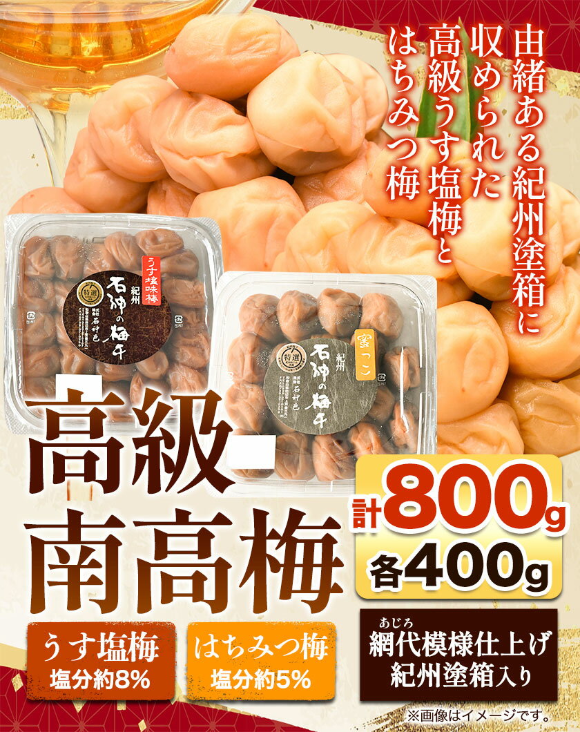 【ふるさと納税】 高級 南高梅 うす塩 はちみつ梅 計800g (各400g) 網代模様仕上げ 紀州塗箱入り 澤株式会社《90日以内に出荷予定(土日祝除く)》和歌山県 日高町 送料無料 梅 うめ ウメ 南高梅 うすしお 蜂蜜 食べ比べ セット 紀州 お取り寄せグルメ