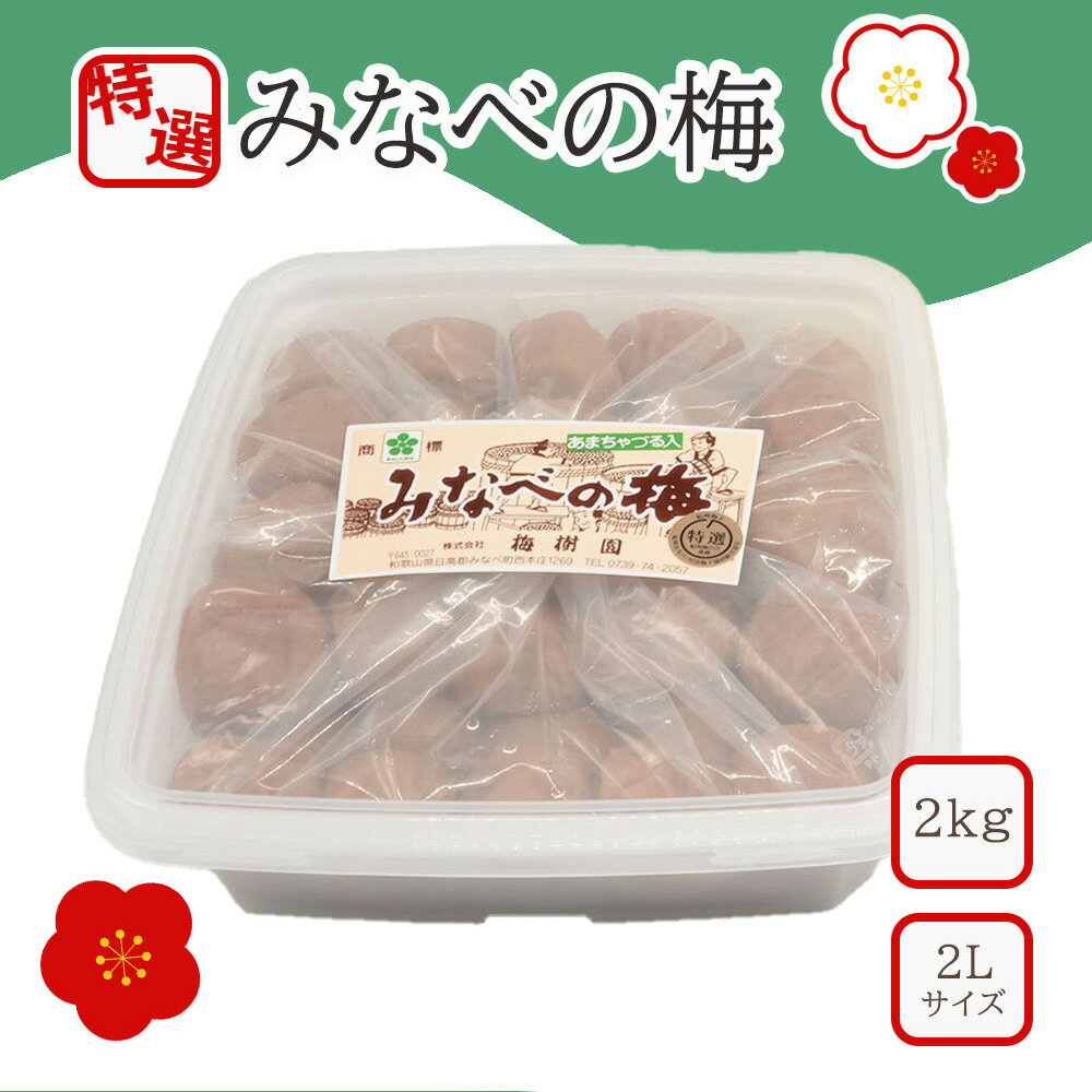 梅樹園のNo,1 大ヒットロングセラー商品！！ 本来の梅の味を大切に塩分10％にしあげました。まろやかな舌触りと 絶妙に重なり合うやわらかな甘味と程よい酸味が自慢です。 あまちゃづるは高麗人参と同じ成分サポニンを多く含む天然の植物です。 特選品の完熟でとろけるような舌触りをご堪能ください。サイズは2Lです。商品詳細 名称調味梅干 原材料梅 (和歌山県)、漬け原材料 (食塩、還元水飴、醸造酢、発酵調味料、 あまちゃづる) / 調味料 (アミノ酸等)、酒精、酸味料、甘味料(スクラロース)、V.B1、(一部に大豆を含む) 原料原産地紀州（梅） 内容量2kg(1kg×2個) 塩分約10％ 賞味期限賞味期限180日 保存方法冷暗所に保存してください。 製造者株式会社梅樹園 和歌山県日高郡みなべ町西本庄1269 栄養成分表示（100g当たり） エネルギー：75kcal たんぱく質：2.5g 脂質：0.1g 炭水化物：16.1g 食塩相当量：10.1g 注意事項※開封後は冷蔵（10℃以下）保存し早めにお召し上がり下さい。 ・ふるさと納税FAQはこちら ・寄附申込みのキャンセル、返礼品の変更・返品はできません。あらかじめご了承ください。季節のご挨拶母の日 父の日 初盆 お盆 御中元 お中元 お彼岸 残暑御見舞 残暑見舞い 敬老の日 寒中お見舞 クリスマス クリスマスプレゼント お歳暮 御歳暮 春夏秋冬 御正月 お正月 御年賀 お年賀 御年始ご挨拶御挨拶 ごあいさつ 引越しご挨拶 引っ越し お宮参り御祝 御見舞 退院祝い 全快祝い 快気祝い 快気内祝い 志 進物祝事合格祝い 進学内祝い 成人式 御成人御祝 卒業記念品 卒業祝い 御卒業御祝 入学祝い 入学内祝い 小学校 中学校 高校 大学 就職祝い 社会人 幼稚園 入園内祝い 御入園御祝 お祝い 御祝い 内祝い 金婚式御祝 銀婚式御祝 御結婚お祝い ご結婚御祝い 御結婚御祝 結婚祝い 結婚内祝い 結婚式 引き出物 引出物 引き菓子 御出産御祝 ご出産御祝い 出産御祝 出産祝い 出産内祝い 御新築祝 新築御祝 新築内祝い 祝御新築 祝御誕生日 バースデー バースディ バースディー 七五三御祝 753 初節句御祝 節句 昇進祝い 昇格祝い 就任　61歳 還暦（かんれき） 還暦御祝い 還暦祝 祝還暦 華甲（かこう）弔事御供 お供え物 粗供養 御仏前 御佛前 御霊前 香典返し 法要 仏事 新盆 新盆見舞い 法事 法事引き出物 法事引出物 年回忌法要 一周忌 三回忌 七回忌 十三回忌 十七回忌 二十三回忌 二十七回忌 御膳料 御布施法人様向け御開店祝 開店御祝い 開店お祝い 開店祝い 御開業祝 周年記念 来客 お茶請け 御茶請け 異動 転勤 定年退職 退職 挨拶回り 転職 お餞別 贈答品 粗品 粗菓 おもたせ 菓子折り 手土産 心ばかり 寸志 新歓 歓迎 送迎 新年会　忘年会 二次会 記念品 景品 開院祝いプチギフトお土産 ゴールデンウィーク GW 帰省土産 バレンタインデー バレンタインデイ ホワイトデー ホワイトデイ お花見 ひな祭り 端午の節句 こどもの日 ギフト プレゼントこんな方におじいちゃん おばあちゃん お父さん お母さん 父 母 兄弟 姉妹 子供 奥さん 彼女 旦那さん 彼氏 先生 職場 先輩 後輩 同僚ふるさと応援寄付を活用して行う町の取り組みみなべ町では、お寄せいただいた寄付金を「みなべ町ふるさと応援寄付金」として、次の事業に使わせていただきます。希望のメニューをお選びください。み　緑豊かで快適なまちづくりな　永く住みたい魅力のあるまちづくりべ　便利・安心・安全なまちづくりちょ　町民参画と官民協働のまちづくりう　うめ世界一の元気なまちづくり特定基金（みなべ町ふるさと応援奨学基金）特に使途を定めない（おまかせコース）