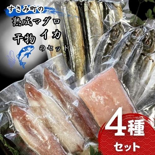 すさみ町の熟成マグロ・イカ・干物のセット(まぐろ200g〜300g×1本 、イカ×3〜5枚 、干物×6枚[あじ開き×3 、さんまみりん干し×3 ])/ まぐろ 鮪 いか アジ サンマ 詰め合わせ