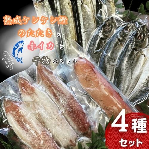 魚介類・水産加工品(サンマ)人気ランク25位　口コミ数「0件」評価「0」「【ふるさと納税】熟成ケンケン鰹のたたきと赤イカと干物のセット（熟成ケンケン鰹タタキ×1節、赤イカ・旨イカ・甘イカからランダムで×3〜5匹 、干物×6枚【あじ開き×3 、さんまみりん干し×3】）」