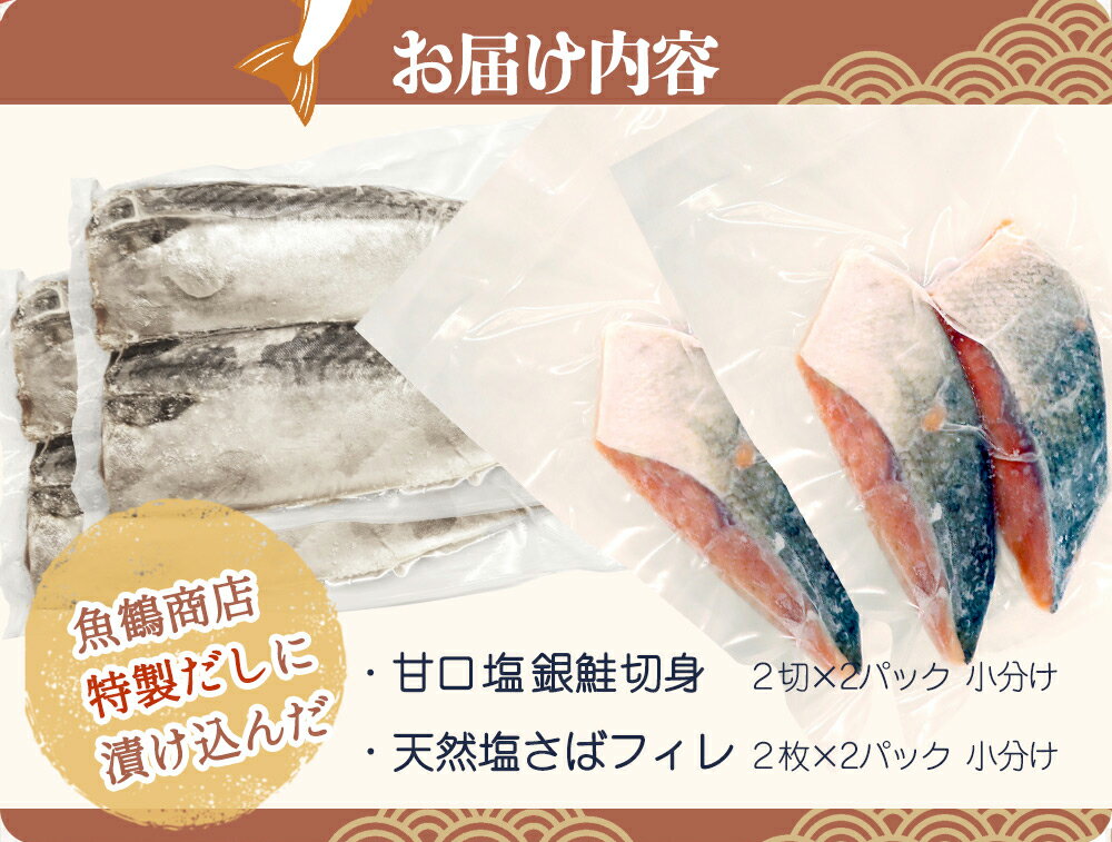 【ふるさと納税】和歌山魚鶴仕込の甘口塩銀鮭切身4切&天然塩さばフィレ4枚（2切×2パック&2枚×2パック　小分け）／銀鮭 鮭 サケ 鯖 さば サバ 切り身 切身 魚 海鮮 焼き魚 おかず
