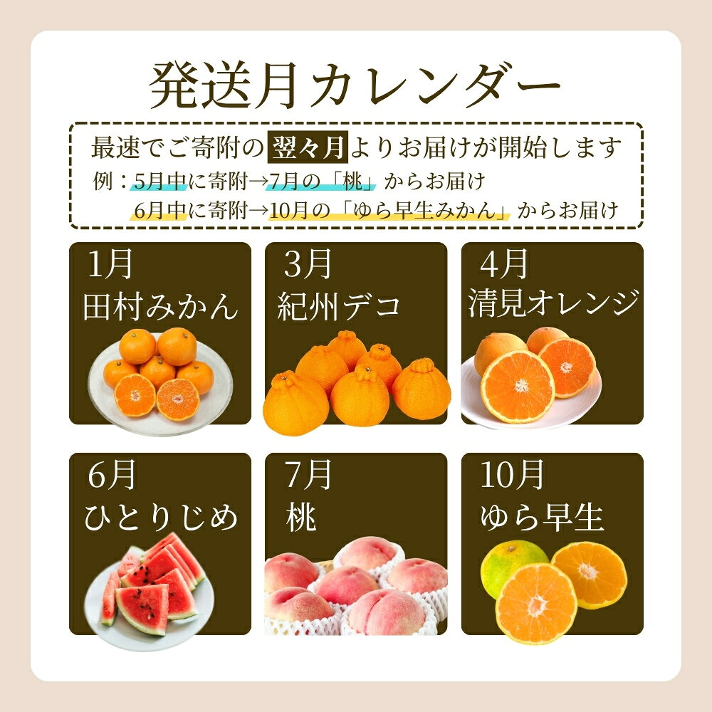 【ふるさと納税】 【全6回】 旬のフルーツ定期便 【 田村みかん 紀州デコ ( 不知火 ) 清見オレンジ 小玉スイカ 桃 ゆら早生みかん 】 和歌山 の旬をお届け / みかん ミカン 温州みかん 有田みかん 不知火 デコポン 桃 もも モモ スイカ すいか 早生 柑橘 フルーツ 果物 f304069-susami-10002079 和歌山県すさみ町 サンプル画像2
