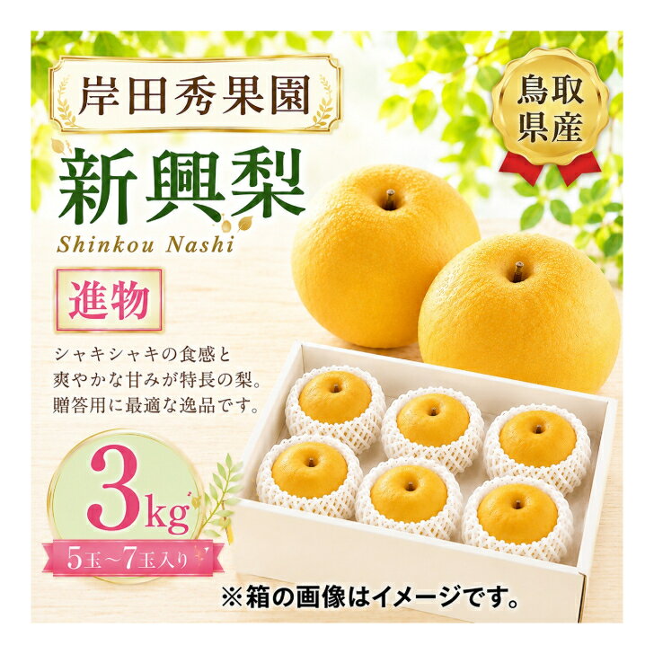 商品情報内容量新興 進物 3kg(5～7玉)アレルギー表示なし提供事業者株式会社やまのおかげ屋申込期日～2026年10月5日までお申し込み時の注意事項※天候や収穫状況により、お届けが前後したり規格が変更になる場合がございます。※最適な時期に収穫しておりますが、天候や梨の生育により、サイズや個数が変動になる場合がございます。※ご不在期間がございます場合は発送時期までに必ずご連絡をお願いいたします。◆連絡先：株式会社やまのおかげ屋　TEL：0858-26-1129備考【重要】米子市では、記念品を企業から直送でお送りする為、購入履歴欄の発送状況は反映致しません。また、発送メールも行いませんので予めご了承下さい。クレジットカードをご利用の場合は寄附者の名義と一致するかご確認ください。（銀行振り込みの場合、3日以内にお支払い下さい。）また、寄附者の都合により返礼品がお届けできない場合、返礼品の再送は致しません。あらかじめご了承ください。【地場産品に該当する理由】告示第5条第8ハに該当【ふるさと納税】 【予約受付中】 岸田秀果園 新興 梨 進物用 3kg やまのおかげ屋 鳥取県 米子市 旬の贅沢をぎゅっと。心を届ける、初秋の味わい。 【直販実績4万件突破】農家直送だからできる、感動の鮮度と安心をお届けします。当園の梨を選んでくださる全国のお客様との絆は、気づけば4万件以上の直販実績となりました。「本当においしい梨を、一番いい状態でお届けしたい」その一心で、一玉一玉に愛情を注ぎ、最高のタイミングで収穫しています。私たちが何より大切にしているのは、寄付者様との信頼関係です。お届けする梨には絶対の自信を持っていますが、万が一、配送中の傷みや不具合がございましたら、迅速に返品・交換の対応（品質保証）をさせていただきます。寄付者様に「選んでよかった」と笑顔になっていただけるよう、誠心誠意、真心込めてお届けいたします。梨好きの間で密かに人気が高いのが、この「新興（しんこう）」です。最近主流の「ただ甘いだけ」の梨とは一線を画し、梨本来の爽やかな酸味が甘さを引き立てる、奥行きのある深い味わいが魅力です。また、非常に貯蔵性が高いため、お届け後も涼しい場所で保管いただければ、長くその美味しさを楽しめます。私たちが一玉ずつ熟度を見極め、自信を持って選んだ新興梨。旬の味覚を、一番美味しい状態でお届けします。 10月中旬頃～10月下旬頃発送予定 ※お届け日指定不可1