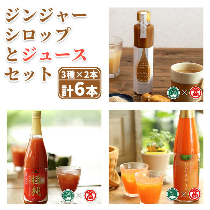 ジンジャーシロップとジュースセット(トマト・にんじん)(計6本・各2本) トマト にんじん 食塩不使用 生姜 ジンジャー シロップ ミネラル きび砂糖 無加水 ジンジャーエール ホットジンジャー 料理 お菓子[T-BF11][大山ブランド会]