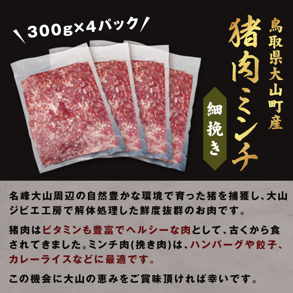 【ふるさと納税】猪肉ミンチ 挽き肉 細挽き 1.2kg 300g×4パック 鳥取県 鳥取県産 大山町 大山 要冷凍 ジビエ肉 ミンチ ひき肉 細切れ ミンチ肉 粗挽きミンチ 料理 生肉 パック ジビエ イノシシ肉 いのしし 高級 返礼品 鳥取 肉料理 ハンバーグ カレー 和食 パック入り GB-19