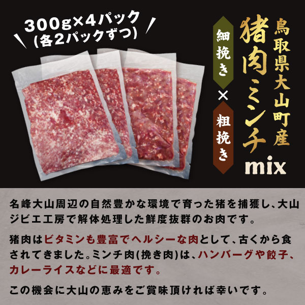 【ふるさと納税】猪肉ミンチ 挽き肉 粗挽き 細挽き セット 1.2kg 300g×4パック 鳥取県 鳥取県産 大山町 大山 要冷凍 ジビエ肉 ミンチ ひき肉 細切れ ミンチ肉 粗挽きミンチ 料理 生肉 パック ジビエ イノシシ肉 いのしし 高級 返礼品 鳥取 肉料理 ハンバーグ カレー GB-13