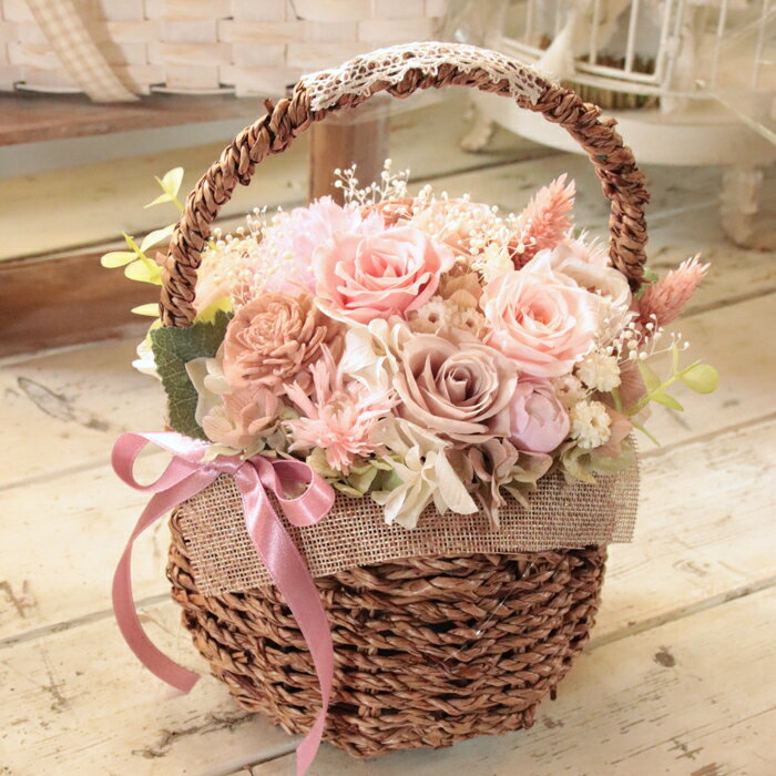 ニュアンスピンクの花かごギフト 手作り 鳥取県南部町