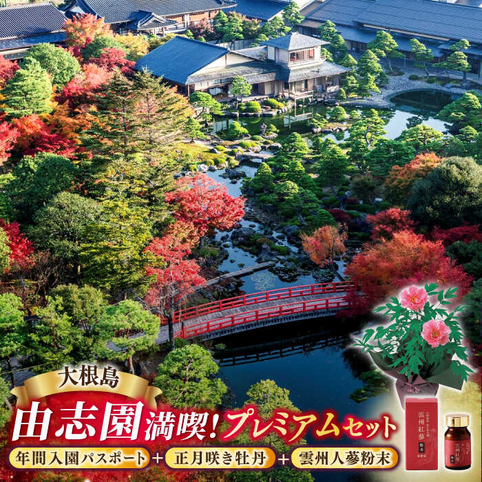体験 日本庭園由志園 由志園年間入園パスポート(スイート)+正月咲き牡丹(2輪咲き)+雲州人蔘粉末日本庭園由志園 島根県松江市/株式会社JU米子高島屋[ALFD010]｜ 牡丹 ボタン ぼたん 花 鉢植え 植物 贈り物 庭 ガーデニング