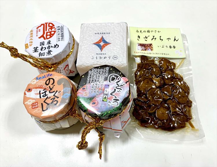 ご飯のおともセット（佃煮2種 のどぐろフレーク 漬物 お米のセット） 米 お米 佃煮 フレーク 漬物 セット 詰め合わせ ごはんのお供 のどぐろ フレーク 茎わかめ こしひかり 