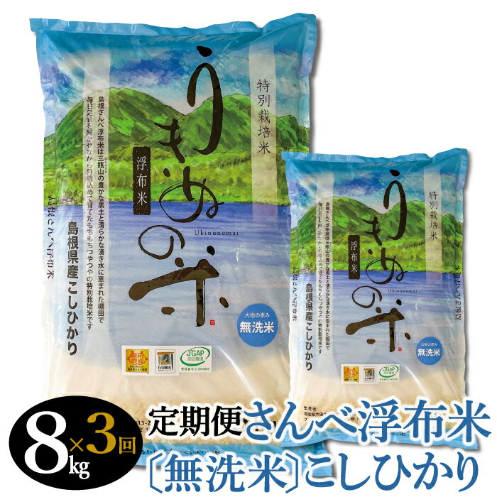 【ふるさと納税】定期便 3回 特別栽培米 さんべ浮布米 コシヒカリ 無洗米 8kg×3回 合計24kg 国産 島根県産 大田市産 米 減化学肥料 減農薬 JGAP認証 ごはん お弁当 おにぎり おむすび 特産品 お取り寄せ グルメ