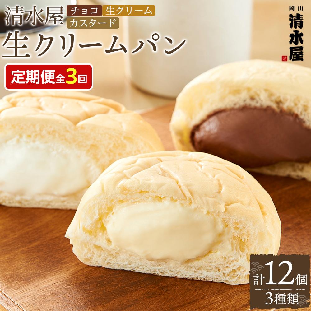 【ふるさと納税】【定期便全3回】<究極のふわとろ食感>清水屋 生クリームパン 12個 3種(カスタード・生クリーム・チョコ) | 冷凍パン クリームパン スイーツパン ぱん パン 詰め合わせ 食べ比べ 美味しい 日持ち 人気 おすすめ ベーカリー グルメ 送料無料