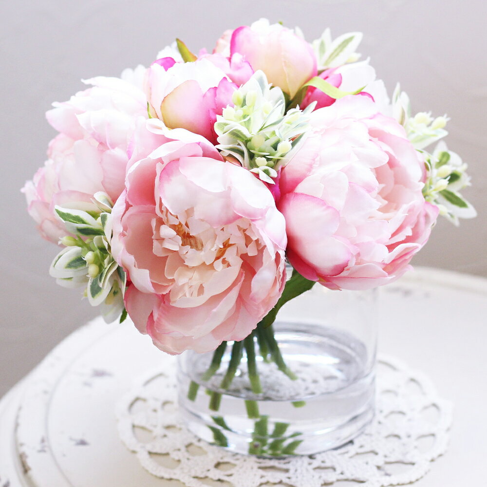 水換え不要!!ピオニー(芍薬)の花瓶に入った花束:pink 花束 花 インテリア ピオニー 芍薬 アーティフィシャルフラワー 水替え不要 グリーン ガラス 花瓶 造花 ピンク