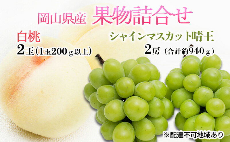 【ふるさと納税】桃 ぶどう 2024年 先行予約 果物詰合せ 白桃 2玉（1玉200g以上） シャイン マスカット 晴王 2房（合計約940g）化粧箱入り 岡山県産 国産 フルーツ ギフト　【果物 果物類 フルーツ セット】　お届け：2024年7月上旬～2024年8月上旬