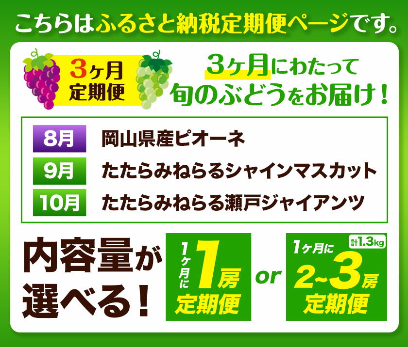 【ふるさと納税】【先行予約】3ヶ月 定期便 食べ比べセット たたらみねらる シャインマスカット 瀬戸ジャイアンツ ピオーネ 各1房 各2~3房 《2026年8月下旬-10月下旬頃出荷予定》岡山県 笠岡市 マスカット ぶどう ブドウ 葡萄 フルーツ 果物 たたらみねらる