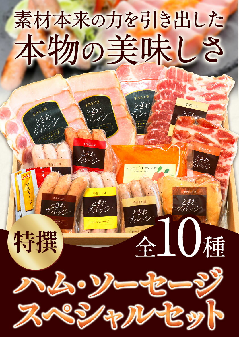 【ふるさと納税】特選 ハム ソーセージ スペシャルセット 10種 肉 豚肉 ロースハム スモークチキン 社会福祉法人敬業会ヴィレッジ興産 ときわヴィレッジ 岡山県 笠岡市 肉 豚肉 ロースハム スモークチキン あらびきポーク にんじん ドレッシング ギフト