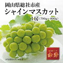 ※予定数量に達し次第受付を終了します。［限定100箱］ シャインマスカットの皮は薄くて食べやすく、しかも種が無い為、粒は皮ごと口に入れてパクッ。マスカット特有の甘さや、香りが、口の中いっぱいに広がります。シャインマスカットは、もともと「アレキサンドリア」をベースに品種改良されたもの。「アレキサンドリア」のストレートな甘さや、上品で高貴な香りも、しっかりと受け継いでいます。【提供：（株）吉備の里・山手の市】 ※※注意事項※※ 生鮮品の為、お品到着後、すぐに状態をご確認ください。万が一、お品に不備等があった場合は到着から2日以内（土日の場合は翌月曜日まで）に、写真画像を添付のうえ電子メールにて総社市までご連絡ください。 【発送期日】令和6年9月中旬～10月上旬（日時指定不可） ※生育状況や気候によりお届け時期が前後する場合があります。何卒ご了承ください。 ※冷蔵でのお届けとなります。 商品説明 名称 ぶどう 産地 岡山県総社市 品種 シャインマスカット 内容量 1房　700g～800g 配送方法 冷蔵 提供事業者 (株)吉備の里・山手の市 ※ふるさと納税よくある質問はこちら ※寄付申込みのキャンセル、返礼品の変更・返品はできません。あらかじめご了承ください。寄付金の用途について 1.市政全般 2.福祉全般 3.歴史・文化全般 4.環境全般 その他、19の個別事業 受領証明書及びワンストップ特例申請書のお届けについて 入金確認後、注文内容確認画面の【注文者情報】に記載の住所にお送りいたします。 発送の時期は、寄付確認後1週間以内に、お礼の特産品とは別にお送りいたします。 岡山県総社市について 総社市は、その中央部に高梁川が流れ、豊かな自然環境が残る、水とみどりあふれるまちです。また、鬼ノ城をはじめ備中国分寺などの歴史遺産も数多く残っています。現在、総社市では「子育て王国そうじゃ」として子育て支援にも積極的に取り組んでいます。 こうした総社市に対し、「ふるさと総社を良くしたい」、「ふるさと総社を応援したい」という皆さんを「ふるさと総社応援団」として募集しています。そして、皆さんのそういった思いを寄付金という形で実現していただければと考えています。ぜひとも、「ふるさと総社応援団」として、皆さんの思いを総社市にお願いします。