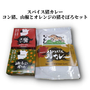 【ふるさと納税】岡山県新見市産 イノシシ肉使用 スパイス猪カレー(レトルト)・コン猪(コンビーフ風缶詰)・山椒とオレンジの猪そぼろ セット