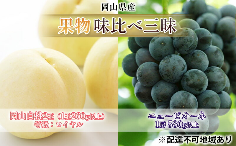 【ふるさと納税】桃 ぶどう 2026年 先行予約 果物 味比べ三昧 岡山 白桃 2玉 等級：ロイヤル（1玉260g以上）ニュー ピオーネ 1房 580g以上 詰合せ もも 葡萄 岡山県産 国産 フルーツ 果物 ギフト 食べ比べ 　お届け：2026年7月上旬～2026年8月上旬