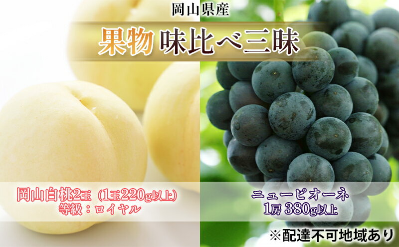 【ふるさと納税】桃 ぶどう 2026年 先行予約 果物 味比べ三昧 岡山 白桃 2玉 等級：ロイヤル（1玉220g以上）ニュー ピオーネ 1房 380g以上 詰合せ もも 葡萄 岡山県産 国産 フルーツ 果物 ギフト 岡山の桃 岡山の葡萄 食べ比べ 　お届け：2026年7月上旬～2026年8月上旬